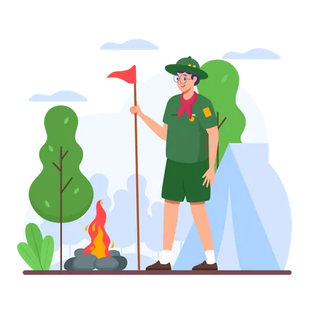 Boy Scout Holding Scout Flag With Camping Scenery Illustration