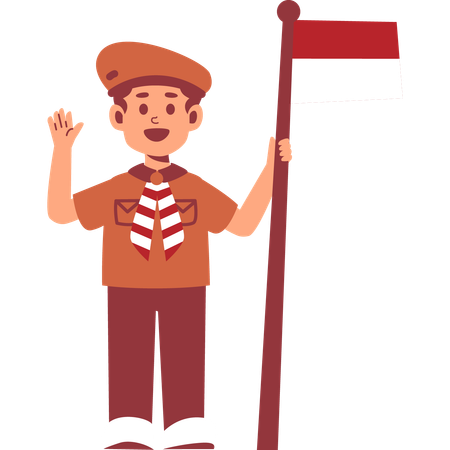 Boy Scout holding flag while waving hand  Illustration