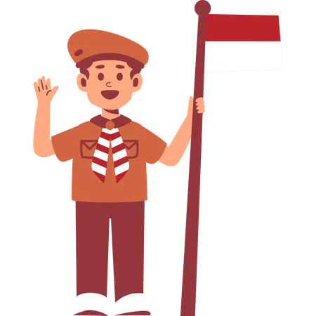 Boy Scout holding flag while waving hand  Illustration