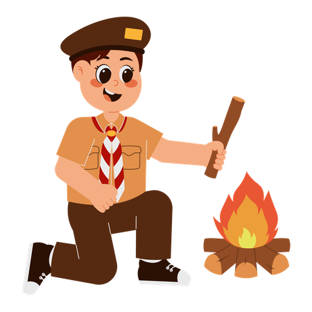 Boy Scout Holding Wood By Campfire  Illustration