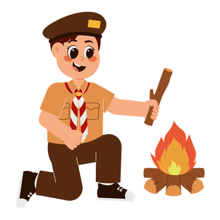 Boy Scout Holding Wood By Campfire  Illustration