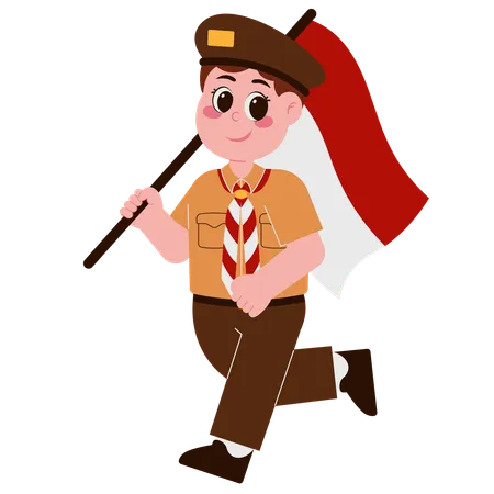 Boy Scout In Uniform With Indonesian Flag  Illustration