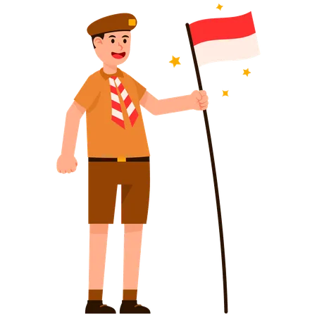 Boy Scout In Uniform With Indonesian Flag  Illustration