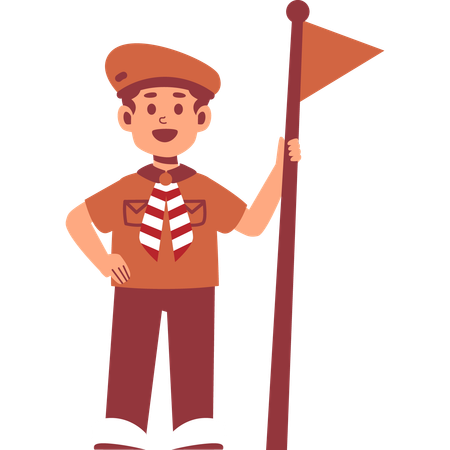 Boy Scout standing while holding flag  Illustration