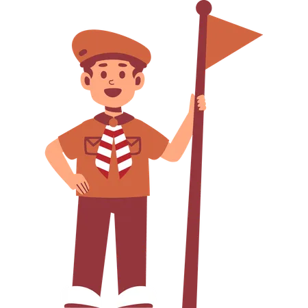 Boy Scout standing while holding flag  Illustration