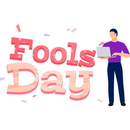 Boy searching about fools day on laptop  Illustration