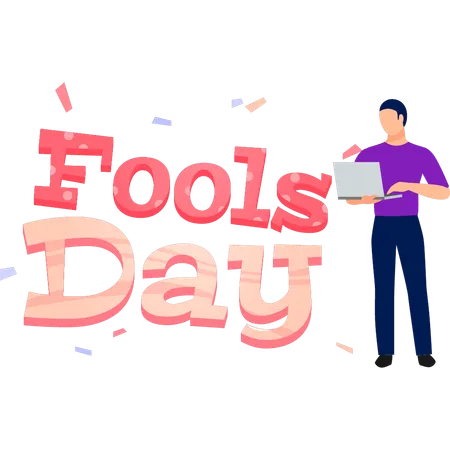 Boy searching about fools day on laptop  Illustration