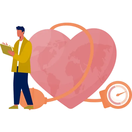 Boy searching about heart health on his tablet  Illustration
