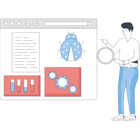 Boy  searching bug virus on website  Illustration