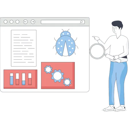 Boy  searching bug virus on website  Illustration