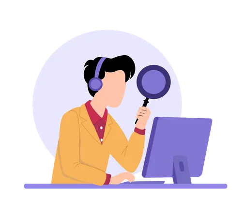 Boy searching error with magnifying glass  Illustration