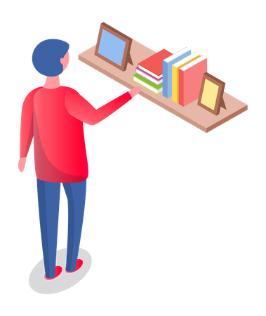 Boy searching for book in book stack 일러스트레이션