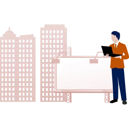 Boy searching for online real estate billboard  Illustration