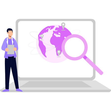 Boy searching location on laptop  Illustration
