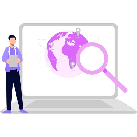 Boy searching location on laptop  Illustration