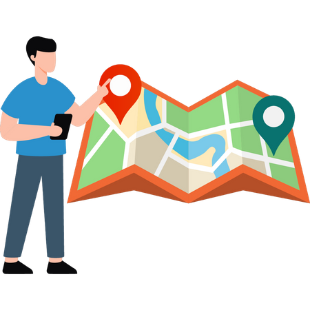 Boy searching location on mobile map  Illustration