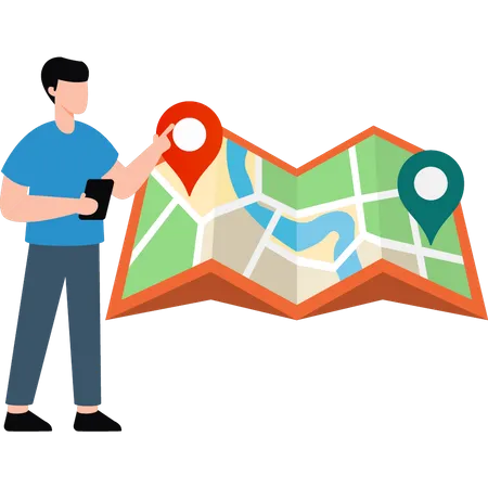 Boy searching location on mobile map  Illustration