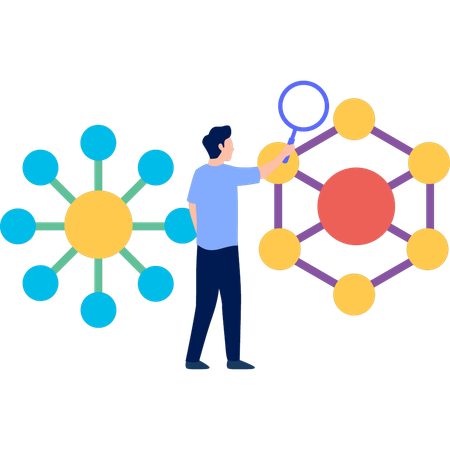 Boy searching molecules structure with magifyglass  Illustration