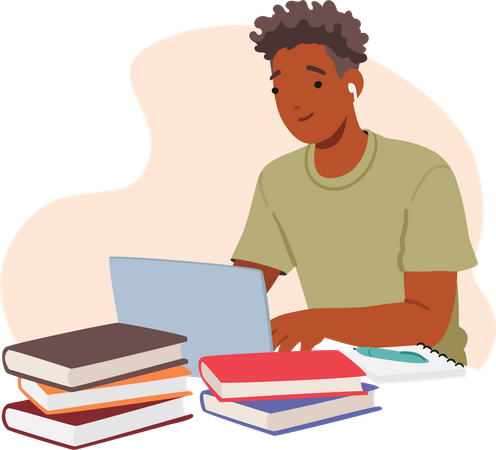 Boy Seated At Desk With Laptop, Papers, And Textbooks  Illustration