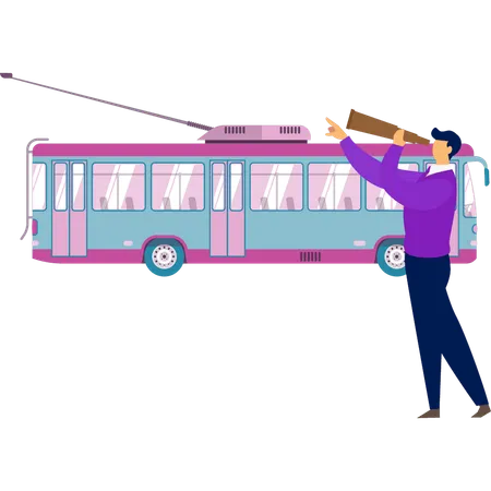 Boy seeing bus antenna by monocular  Illustration