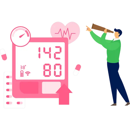 Boy seeing hypertension counter machine with telescope  Illustration