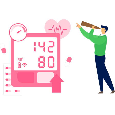 Boy seeing hypertension counter machine with telescope  Illustration