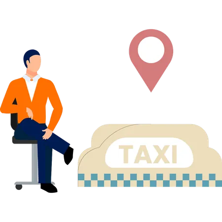 Boy seeing taxi pin.  Illustration