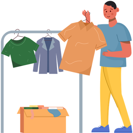 Boy selecting clothes at apparel shop  Illustration