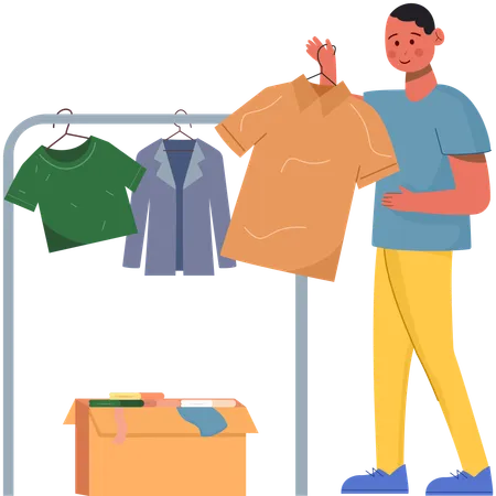 Boy selecting clothes at apparel shop  Illustration