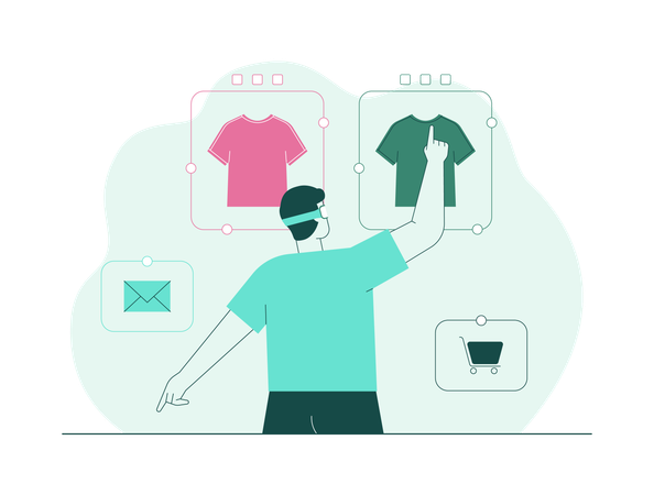 Boy selecting clothes via VR headset  Illustration