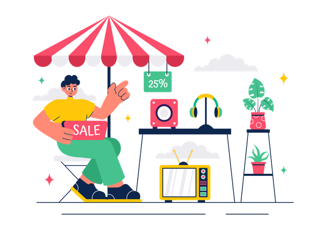 Boy selling camera in Flea market  Illustration