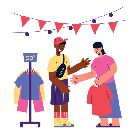 Boy selling clothes at festival  Illustration
