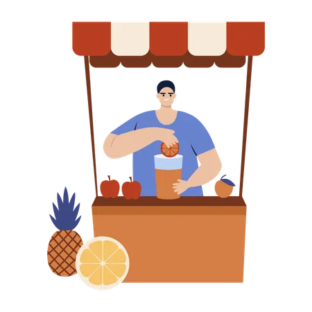 Boy selling fresh lime juice on a juice stall  Illustration