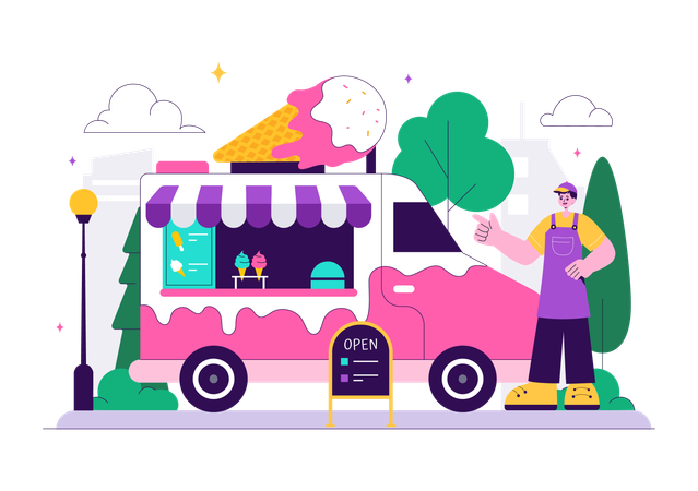 Boy selling ice cream in truck  Illustration
