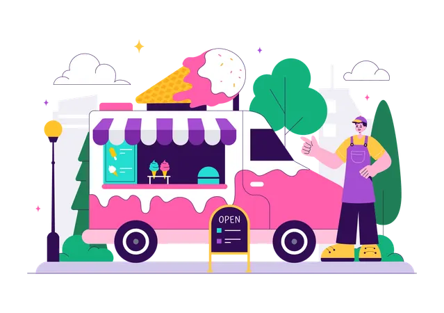 Boy selling ice cream in truck  Illustration