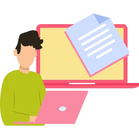 Boy sending files on laptop  Illustration