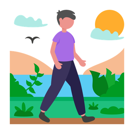 Boy Serene Lake Morning Walk  Illustration