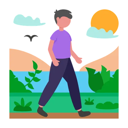 Boy Serene Lake Morning Walk  Illustration