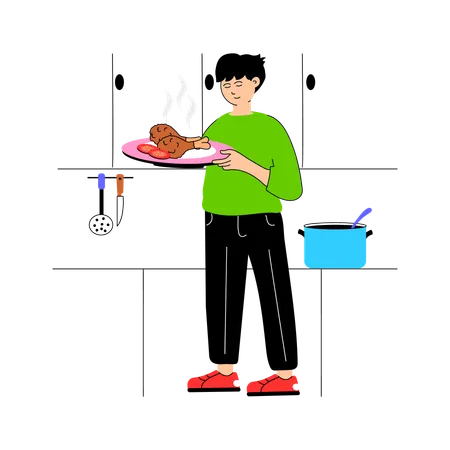 Boy serving chicken dish  Illustration