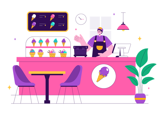 Boy serving ice cream in shop  Illustration