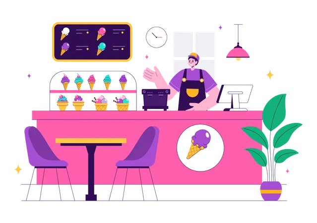 Boy serving ice cream in shop  Illustration