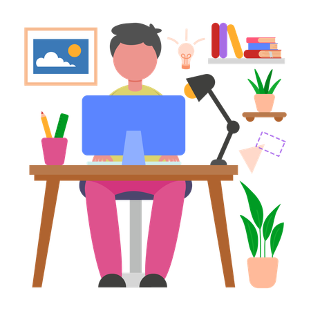 Boy Set up a home office  Illustration