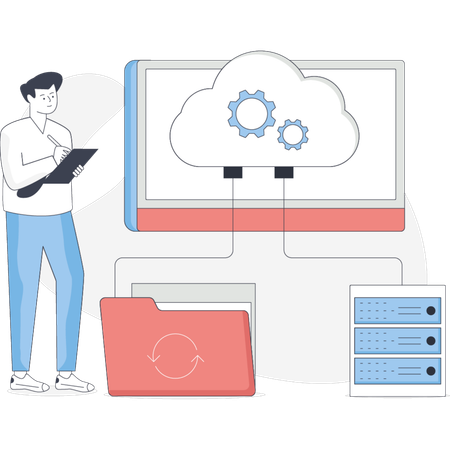 Boy setting cloud networking  Illustration
