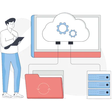 Boy setting cloud networking  Illustration