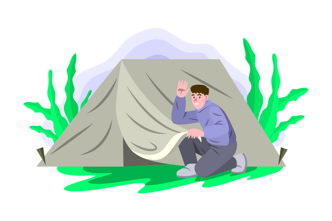 Boy setting up tent for camping Illustration
