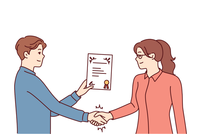 Boy shaking hand and holding certificate  Illustration
