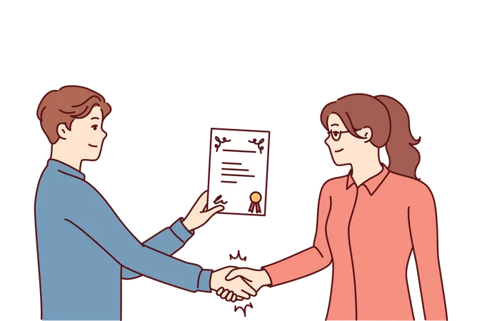 Boy shaking hand and holding certificate  Illustration