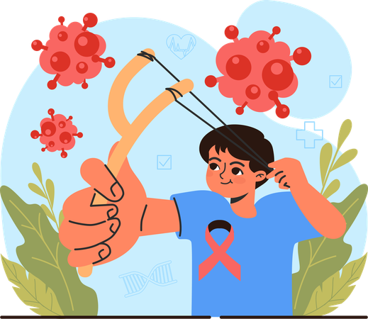 Boy shooting cancer cells with slingshot  Illustration