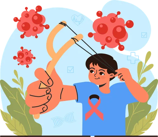 Boy shooting cancer cells with slingshot  Illustration