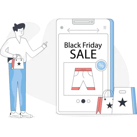 Boy  shopping on black friday sale  Illustration